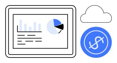 Tablet ekranda turta grafiği ve çubuk grafiği, bulut ve dolar çemberi eşliğinde. Finans, teknoloji, çevrimiçi hizmetler, veri analizleri, yatırım, bulut yönetimi, ekonomi için ideal