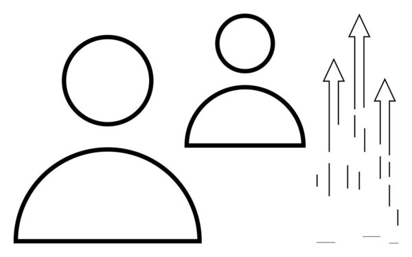 Два минималистских иконки профиля пользователя рядом со стрелками вверх означают рост, сотрудничество, прогресс, улучшение, формирование команды, личностное развитие и достижение в простой плоской метафоре