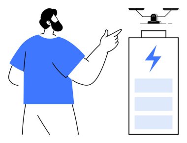 Elinde yıldırım sembolü olan büyük bir batarya ikonunun yanında süzülen bir dronu işaret eden adam. Teknoloji, yenilik, enerji verimliliği, yenilenebilir enerji, gelecek eğilimler, insansız hava aracı teknolojisi, sürdürülebilir enerji için ideal