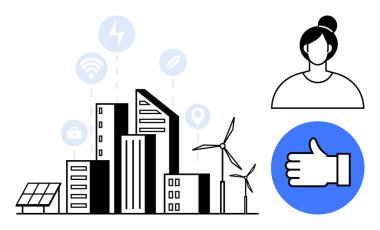 Yüksek binaları, rüzgar türbinleri, güneş panelleri ve dijital ikonlarıyla modern şehir manzarası. Kullanıcı etkileşimi ve olumlu geri bildirim içerir. Sürdürülebilirlik, kentsel planlama ve teknoloji için ideal