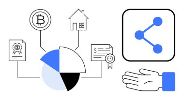 Engelleme zincirine bağlı turta şeması, gayrimenkul, belgeler ve açık elle paylaşım simgesi. Finans, teknoloji, engelleme zinciri, gayrimenkul, veri paylaşım analizi için ideal basit iniş sayfası