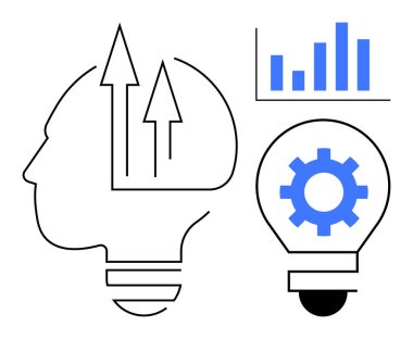 İnsan kafası silueti, yukarı doğru oklarla fikirleri sembolize ediyor, yenilik için ampulde dişli, büyüme için çubuk grafiği. Strateji, yaratıcılık, iş, veri, teknoloji, ilerleme için ideal basit düz