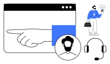 Tarayıcıdan el gösterimi, fikir ampulü, profil avatarı ve kulaklık temsilciliği. Yenilik, müşteri desteği, takım çalışması, etkileşim, liderlik işbirliği çözümleri için ideal