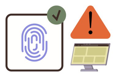 İşaretli parmak izi taraması, alarm üçgeni ve monitör doğrulama, dikkat ve sistem yönetimini sembolize ediyor. Güvenlik, veri erişimi, siber güvenlik ve kimlik doğrulama için ideal