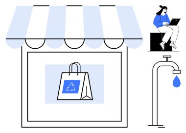 Geri dönüşüm amblemli alışveriş torbası, musluktan su damlası, dizüstü bilgisayarda insan. Sürdürülebilirlik, e-ticaret, eko-farkındalık, su tasarrufu, geri dönüşüm, dijital pazarlama çevresi için ideal