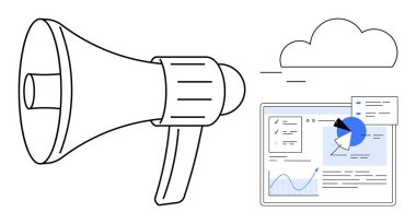 Bulut ve veri paneli olan megafon grafikler, pasta grafikleri ve analitik gösteriyor. Pazarlama, tanıtım, analitik, veri yönetimi, reklamcılık, iletişim için ideal basit iniş sayfası