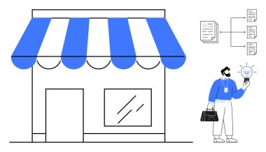 Kapalı vitrin, evrak çantası ve fikir ampulü taşıyan girişimci, belgelere bağlı akış şeması. Ticari planlama, yenilik, girişimcilik, strateji, küçük işletme için ideal