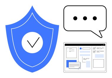 Güvenlik için kenesi olan mavi kalkan, mesaj baloncuğu ve iletişim ve güvenlik için web sitesi arayüzü. Siber güvenlik, koruma, iletişim, çevrimiçi güven, veri gizliliği, bilgi
