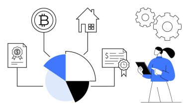 Pasta grafiğinin yanında tablet kullanan kadın blok zinciri, gayrimenkul ve sertifika konseptleriyle bağlantılı. Engelleme zinciri, yatırım, veri analizi, karar verme mekanizması, fintech, ekonomi için ideal basit