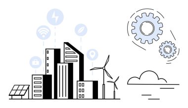 Şehir binaları rüzgar türbinleri, güneş panelleri ve birbirine bağlı teknolojilerle çevrili. Sürdürülebilirlik, yenilik, temiz enerji, kentsel planlama, gelecek şehir, ekoloji için ideal düz metafor