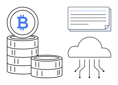 Bulut hesaplama grafikleri ve belge simgesinin yanına istiflenmiş bitcoin paraları. Kripto para birimi, engelleme zinciri, fintech, bulut depolama, yatırım, teknoloji, finans konuları için ideal. Basit düz metafor