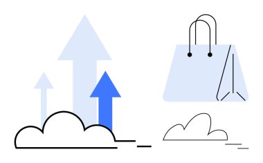 Bulutlardan yükselen oklar yanında alışveriş torbası büyümeyi, ilerlemeyi ve çevrimiçi iş başarısını simgeliyor. E-ticaret, başlangıç büyümesi, satış, çevrimiçi alışveriş, iş stratejisi için ideal