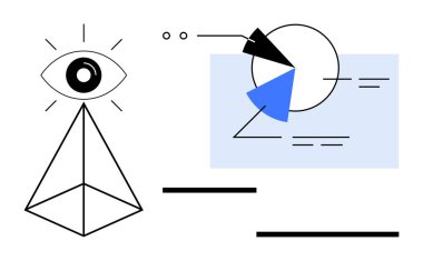 Grafiklerin, grafiklerin ve geometrik şekillerin yanında analiz, gözlem ve yaratıcılık sunan üçgen piramidin üzerine yerleştirilmiş bir göz. Vizyon, içgörü, yenilik, analiz veri stratejisi için ideal