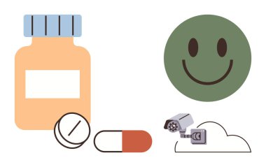 İlaç şişesi, yeşil gülen surat, güvenlik kamerası ve bulut sembolü sağlık, teknoloji ve refahın birleşimi. Sağlık izleme, yapay zeka, terapi siber güvenlik için ideal