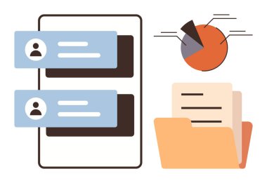 Akıllı telefondaki mesaj baloncukları, pasta grafiği analizleri ve klasördeki belgeler. İletişim, analitik, organizasyon, takım çalışması, verimlilik veri yönetimi stratejisi için ideal. Basit.