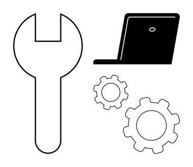 Büyük anahtar, açık dizüstü bilgisayar ve dişliler bakım, onarım, teknik destek ve sistem yapılandırmasını ön plana çıkarıyor. Yenilik, mühendislik, özelleştirme verimliliği için ideal teknoloji rehberi tamir kılavuzları