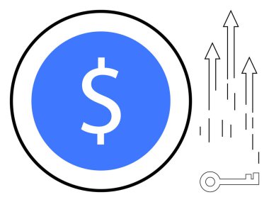Çemberin içinde dolar işareti olan mavi sikke, büyümeyi işaret eden oklar, ve erişimi veya çözümleri sembolize eden anahtar. Finans, başarı, yatırımlar, büyüme, ekonomi ve fırsatlar için ideal