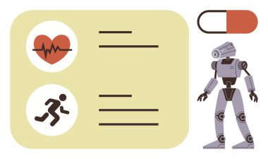 Kalp atışı ve çalışan figürün alarm simgelerinin yanındaki robot yapay zekayı sağlık ve zindelik açısından vurguluyor. Teknoloji, tıp, yapay zeka, egzersiz, yenilik, robotik fütüristik kavramlar için idealdir. Basit düz