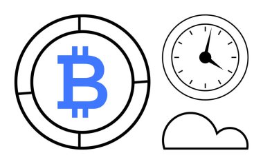 Bölümlü dairenin içinde Bitcoin logosu, işaretli analog saat, soyut bulut şekli. Finans, kripto para birimi, zaman, teknoloji, yatırım, basit düz zincir metaforu için ideal