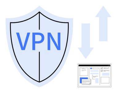 VPN etiketli VPN 'de veri akışı okları ve internet tarayıcı penceresi çevrimiçi güvenlik ve veri koruması taşır. Siber güvenlik, gizlilik, şifreleme, teknoloji, sanal ağ, güvenli
