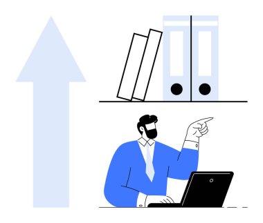 Takım elbiseli adam dizüstü bilgisayarda çalışıyor, yukarı doğru ok ve kitaplarla işaret ediyor, ilerlemeyi, bilgiyi ve verimliliği simgeliyor. Eğitim, iş, kariyer ilerlemesi ve kurumsal strateji için ideal