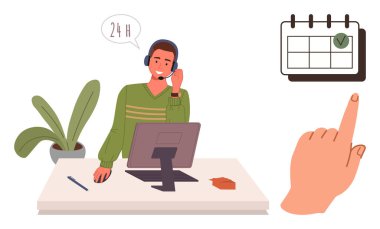 Müşteri hizmetleri görevinde bilgisayar ve kulaklığı olan profesyonel bir erkek, takvimle el etkileşimi. Destek, zamanlama, üretkenlik, iletişim, organizasyon, zaman için ideal