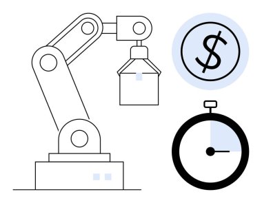 Robot kol kaldırma, kronometre zaman yönetimini temsil ediyor ve maliyet odaklaması için dolar işareti. Otomasyon, endüstri, üretkenlik, yenilik, teknoloji, verimlilik için ideal