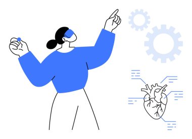 Sanal vites ve biyolojik kalp arayüzü ile çalışan VR kulaklık takan bir kadın. Teknoloji, yenilik, sağlık, giyilebilir teknoloji, artırılmış gerçeklik, bilim, gelecekteki trendler için idealdir. Basit.