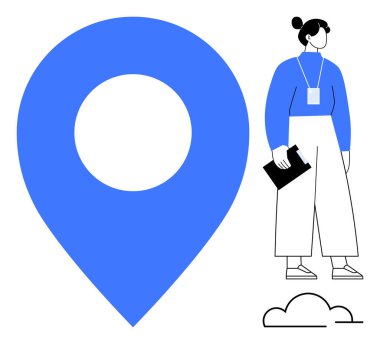 Büyük boy mavi harita iğnesi, günlük giysiler içinde pano tutan kadın, soyut bulut arkaplanı. Navigasyon, konum belirleme, izleme, iş, planlama, teknoloji seyahati için ideal - basit düz metafor