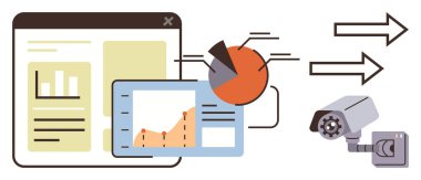 Analitik grafikler, pasta grafikleri, güvenlik kamerasının yanındaki dijital gösterge panelinde çizgi grafikleri ve veri transferini temsil eden ve akışı izleyen oklar. Veri analizi, güvenlik ve teknoloji için ideal