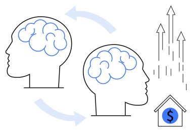 Bilgi transferini sembolize eden iki ana hatlı insan kafası, kavramsal fikirlerle birbirine bağlı beyinler, yukarı doğru giden oklar, bir ev ve bir dolar işareti. Yenilik ve eğitim için ideal
