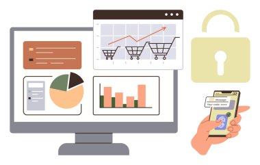 Bilgisayarda grafikler, grafikler ve alışveriş arabalarının el kameralarında güvenli doğrulama mesajı var. E-ticaret, güvenlik, analitik, fintech, iş büyümesi, teknoloji için ideal
