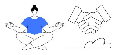 Nilüfer çiçeğiyle meditasyon yapan kişi, el sıkışarak anlaşma, birlik ve dengeyi temsil eder. Sağlık, takım çalışması, farkındalık, müzakere, güven, uyum ve büyüme için ideal düz metafor