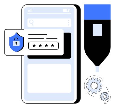 Akıllı telefon uygulaması ekranı, kilitli kalkan, şifre girişi kutusu, mavi işaret ve vites. Siber güvenlik, şifreleme, mobil uygulama tasarımı verimlilik veri koruma teknolojisi için idealdir. Basit.