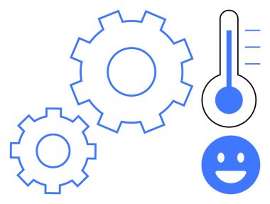 Birbirine kenetlenmiş iki dişli, yükselen seviyeli bir termometre ve verimliliği, ilerlemeyi ve memnuniyeti simgeleyen gülen bir yüz. Takım çalışması, performans takibi, üretkenlik araçları, hedef