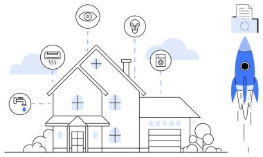 Otomasyon, enerji tasarrufu, güvenlik ve uzaktan erişim için bağlantı simgeleriyle donatılmış akıllı bir ev. Roket tasvirleri yenilik öneriyor. Ev teknolojisi, sürdürülebilirlik, IOT, verimlilik için ideal
