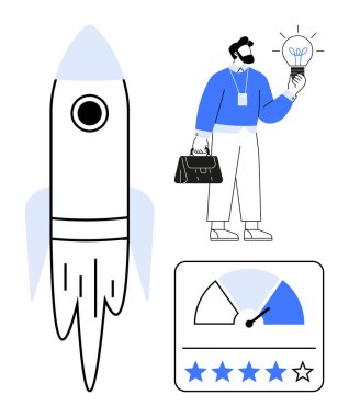 Roketin yanında ampul tutan ve performans derecesi beş yıldız ve metre olan bir iş adamı. Yenilik için ideal, başlangıç girişimi, iş büyümesi, girişimcilik, performans, yaratıcılık