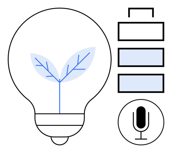 Лампочка, содержащая растительный росток, представляет собой зеленую энергию. Уровень батареи и микрофон подразумевают инновации и технологии. Идеально подходит для возобновляемых источников энергии, интеграции AI, экодизайна и простой посадки