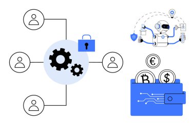 Bağlı kullanıcı düğümleri, dişliler, güvenlik kilidi, robot işleme görevleri, şifreli dijital cüzdan. Finans, engelleme zinciri, yapay zeka, güvenlik fintech otomasyon teknolojisi için idealdir.