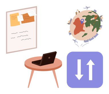 İğneli notları olan bir pano, konum işaretleyicili bir dünya, masa başında dizüstü bilgisayar, yukarı ve aşağı ok simgesi. Küresel takım çalışması, uzaktan çalışma, üretkenlik, veri paylaşımı, iletişim projesi için ideal