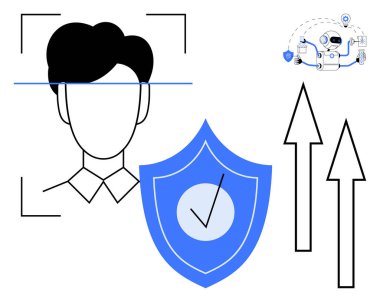 Yüz tanıma sistemi, işaretli bir kalkan, büyüme okları ve otomasyon simgeleri. Biyometrik güvenlik için ideal, yapay zeka, otomasyon, gizlilik, yenilik gelişimi güvenliği. Basit düz metafor