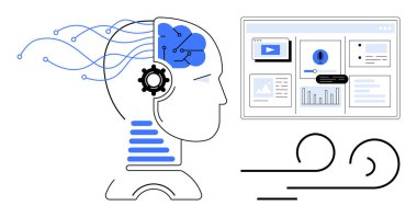 Yapay zeka devreli insan kafası, sinirsel bağlantılar ve interaktif dijital gösterge panelinin yanındaki teçhizat. Teknoloji, yapay zeka, yenilik, büyük veri, otomasyon, makine öğrenimi için ideal