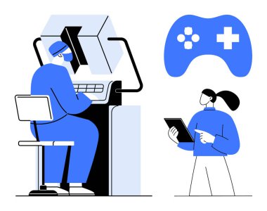 Masaüstü bilgisayarında oyun özellikleri oluştururken, tasarımcı tablet üzerindeki fikirleri analiz eder. Oyun, geliştirme, teknoloji, takım çalışması, yenilik, tasarım iş akışı, basit iniş sayfası için ideal