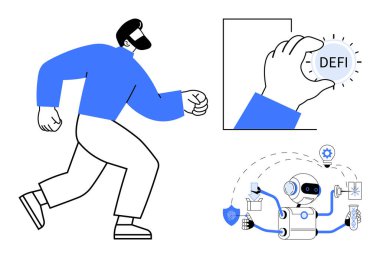 Erkek yürüyüşü, el zinciri DeFi tuşuna basma, bozuk para, vites ve kalkan yöneten yapay zeka robotu. Fintech, engelleme zinciri, otomasyon dijital para birimleri yenilik güvenlik teknolojisi için idealdir. Basit.