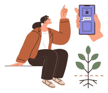 Yukarıya doğru bakan bir kadın, ekranın kilidini açarak akıllı telefonu tutan, görünür kökleri olan küçük bir bitki. Büyüme, güvenlik, teknoloji, ilerleme, inovasyon sürdürülebilirlik mobil uygulamaları için idealdir. Basit.