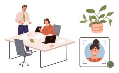 Dizüstü bilgisayarları, kağıtları ve bir bitkiyle tamamlanmış bir telefonu olan iş arkadaşları. Onaylı dijital profil fotoğrafı. Takım çalışması, işbirliği, ofis kültürü ve modern çalışma için ideal