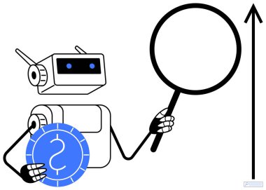 Robot büyüteç tutuyor, yukarı ok ve mavi parayı dolar işareti ile analiz ediyor. AI finans, teknoloji trendleri, fintech, veri analizi, yenilik, pazarlama, basit iniş sayfası için ideal
