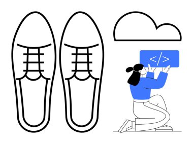 Tablet üzerinde dizlerinin üzerine çökmüş bir kadın, bir yaratımı ya da gelişimi simgeleyen ayakkabı anahatları ve bulut şeklini simgeliyor. Yaratıcılık, takım çalışması, yenilik, kodlama, tasarım, beyin fırtınası için ideal basit