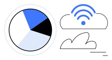 Kablosuz sembollü soyut bulutun yanında veri dağılımını gösteren pasta grafiği. Veri yönetimi, analitik, teknoloji, bulut hesaplama, kablosuz ağlar, IoT, basit iniş sayfası için ideal