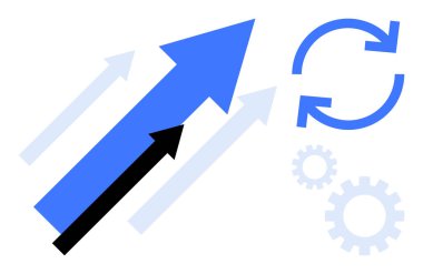 Dişliler ve dairesel hareket ikonuyla yukarı doğru hareket eden dinamik oklar büyümeyi, süreci iyileştirmeyi ve üretkenliği vurguluyor. Ticari başarı, yenilik, strateji, teknoloji, iş akışı, takım çalışması için ideal